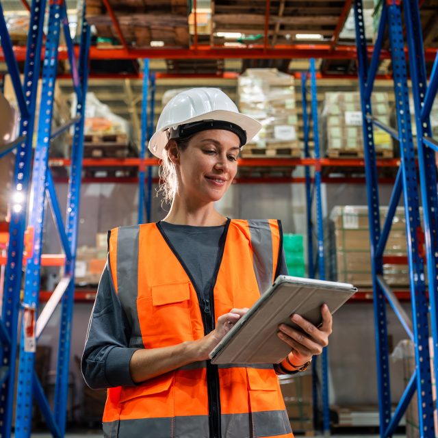 Caucasian young woman industrial worker working in manufacturing plant. Attractive female industry factory engineer wear helmet and processes orders and product at manufactory warehouse with happiness